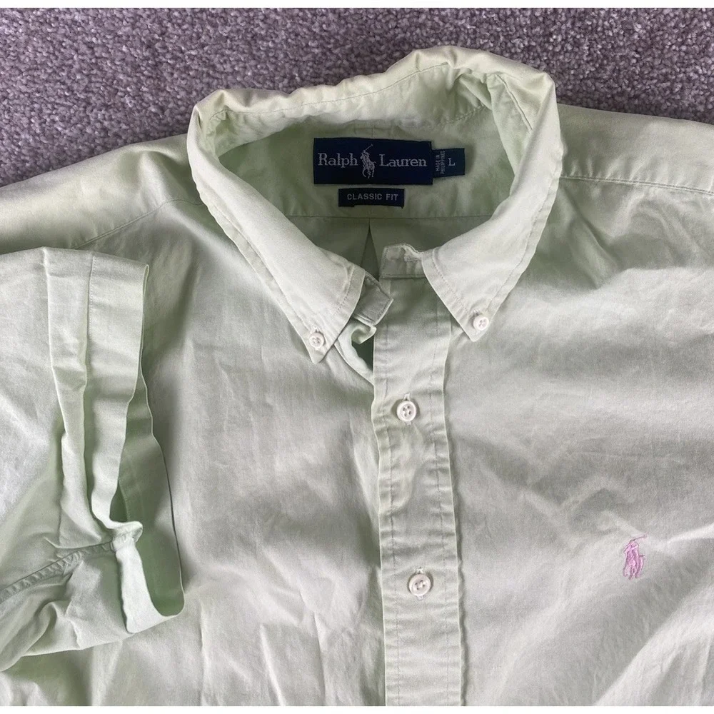 Polo Ralph Lauren Pastel Green Solid Button Down Mens L (Fits Relaxed) Pink Pony
